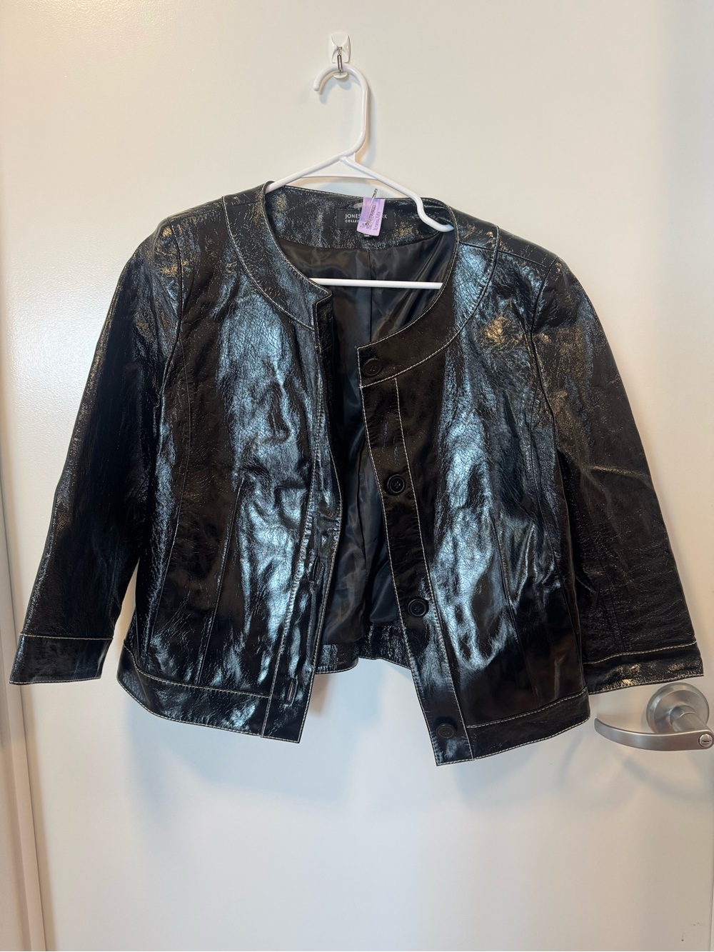 Jones New York Shiny Black Cropped Leather Jacket